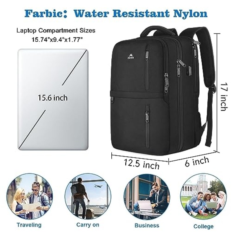 MATEIN 여행용 노트북 백팩, USB 충전 포트가 있는 15.6인치 노트북 백팩, TSA 친화적인 남성 여성을 위한 비즈니스 수하물 휴대, 야간 근무를 위한 방수 컴퓨터 데이팩, 블랙