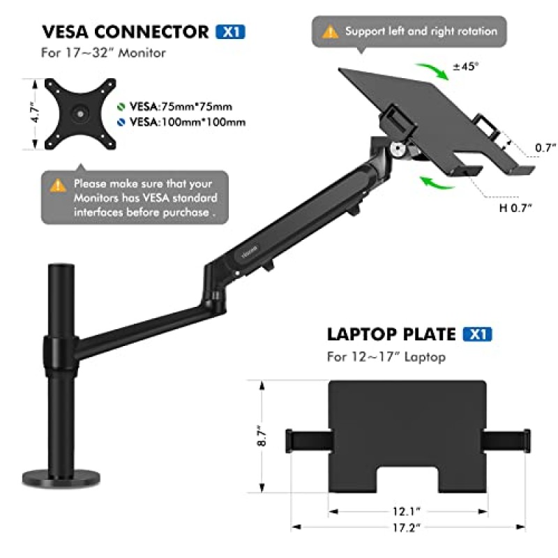 Viozon 모니터/노트북 마운트, 17-32인치 컴퓨터 모니터용 단일 가스 스프링 암 데스크 스탠드/홀더, 12-17인치 노트북/노트북에 맞는 추가 노트북 트레이(1S-Prob)