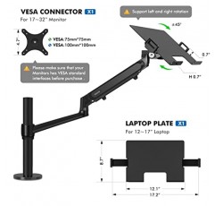 Viozon 모니터/노트북 마운트, 17-32인치 컴퓨터 모니터용 단일 가스 스프링 암 데스크 스탠드/홀더, 12-17인치 노트북/노트북에 맞는 추가 노트북 트레이(1S-Prob)
