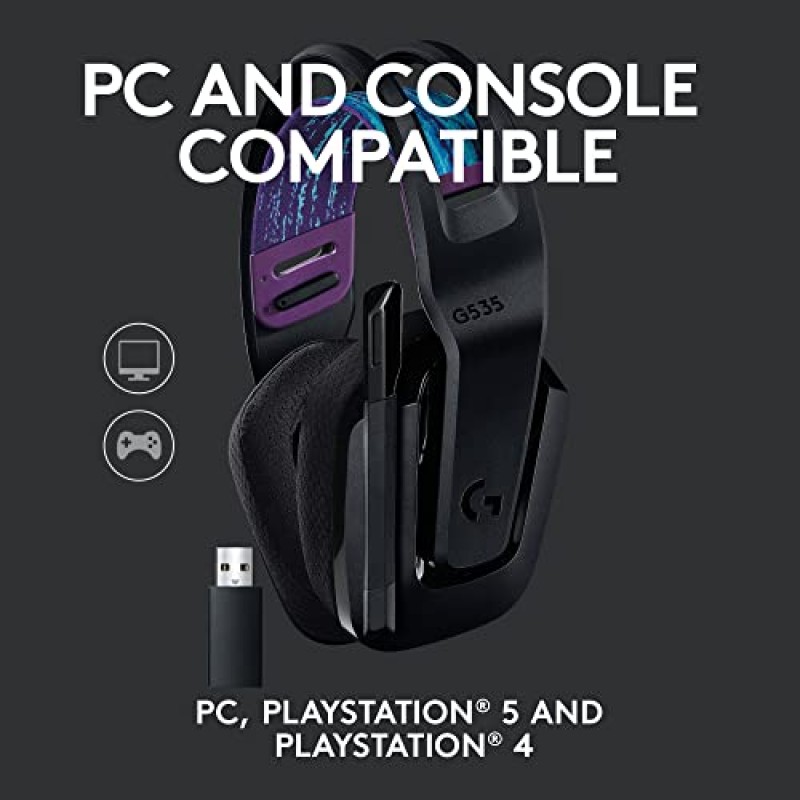 Logitech G535 LIGHTSPEED 무선 게임용 헤드셋 - 경량 온이어 헤드폰, 음소거 마이크, 스테레오, PC, PS4, PS5와 호환, USB 충전식 - 블랙