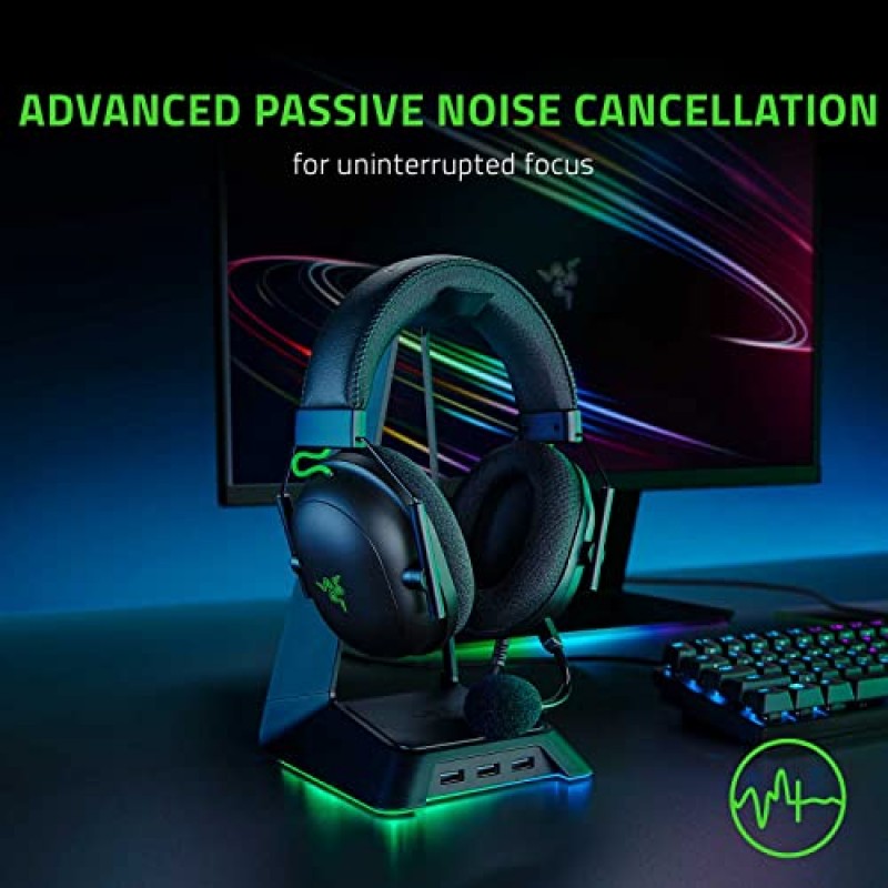 Razer BlackShark V2 게임용 헤드셋: THX 7.1 공간 서라운드 사운드 - 50mm 드라이버 - 분리형 마이크 ​​- PC, PS4, PS5, 스위치 - 3.5mm 오디오 잭 및 USB DAC - 블랙