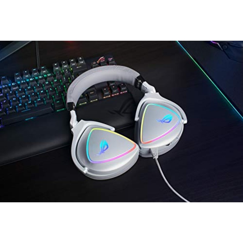 ASUS RGB 게이밍 헤드셋 ROG Delta | 고해상도 ESS 쿼드 DAC, 원형 RBG 조명 효과 | PC, 콘솔 및 모바일 게임용 USB-C 커넥터 | 분리형 마이크가 있는 게임용 헤드폰,흰색