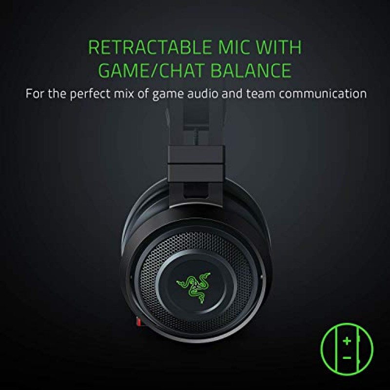 Razer Nari Ultimate Wireless 7.1 서라운드 사운드 게임용 헤드셋: THX 오디오 및 햅틱 피드백 - 자동 조정 헤드밴드 - Chroma RGB - 접이식 마이크 - PC, PS4, PS5용 - 블랙