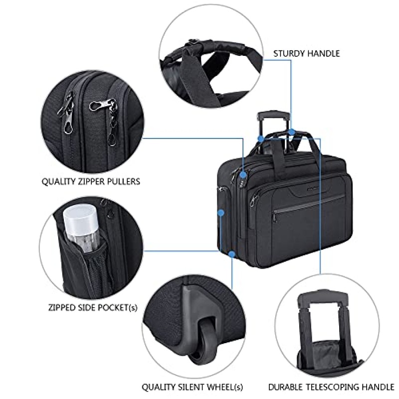 KROSER 롤링 노트북 가방 프리미엄 바퀴 달린 서류 가방은 최대 17.3 인치 노트북에 적합 여행/비즈니스/남성/여성용 RFID 포켓이있는 방수 밤새 롤러 케이스 컴퓨터 가방-블랙