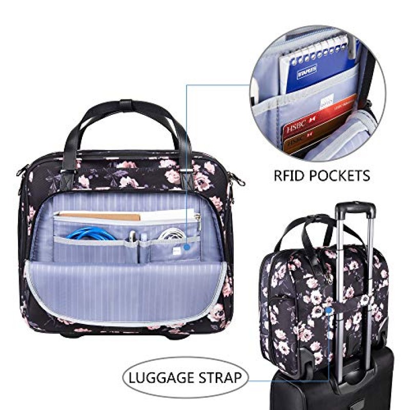KROSER 롤링 노트북 가방 프리미엄 롤링 노트북 서류 가방은 여행/비즈니스/여성을 위한 RFID 포켓이 있는 최대 15.6인치 노트북 발수성 밤새 롤링 컴퓨터 가방에 적합합니다.