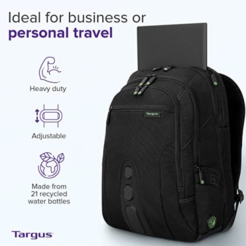 17인치 노트북용 Targus Spruce EcoSmart 여행용 노트북 백팩, TSA 친화적인 업무 및 여행용 휴대용 백팩 노트북 가방, 블랙(TBB019US)