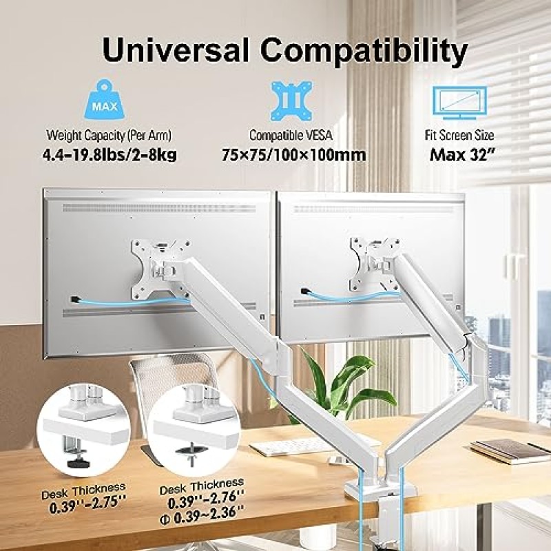 ErgoFocus 듀얼 모니터 마운트는 13~32인치 컴퓨터 화면에 적합, 듀얼 모니터 암은 각각 최대 19.8lbs까지 고정, 모니터 2대용 풀 모션 모니터 데스크 마운트, 가스 스프링 모니터 스탠드, VESA 마운트, 흰색