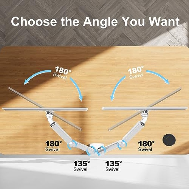 ErgoFocus 듀얼 모니터 마운트는 13~32인치 컴퓨터 화면에 적합, 듀얼 모니터 암은 각각 최대 19.8lbs까지 고정, 모니터 2대용 풀 모션 모니터 데스크 마운트, 가스 스프링 모니터 스탠드, VESA 마운트, 흰색