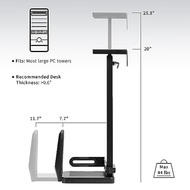 VIVO 조정 가능한 책상 아래 및 벽면 PC 마운트, 튼튼한 대형 컴퓨터 케이스 보안 잠금 기능이 있는 CPU 타워 홀더, 최대 44lbs 보관, 검정색, MOUNT-PC06L