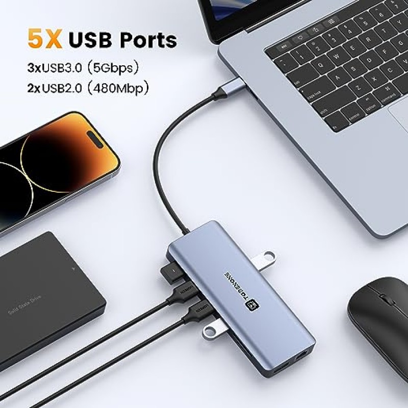 USB C 도킹 스테이션 듀얼 HDMI 모니터, TOBENONE 트리플 디스플레이 USB C 허브 HDMI 2개, DisplayPort, PD3.0, 5USB, RJ45, SD/TF, 오디오, USB C 도크 호환 다중 어댑터 Dell HP Lenovo Asus 노트북