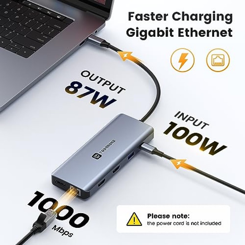 USB C 도킹 스테이션 듀얼 HDMI 모니터, TOBENONE 트리플 디스플레이 USB C 허브 HDMI 2개, DisplayPort, PD3.0, 5USB, RJ45, SD/TF, 오디오, USB C 도크 호환 다중 어댑터 Dell HP Lenovo Asus 노트북