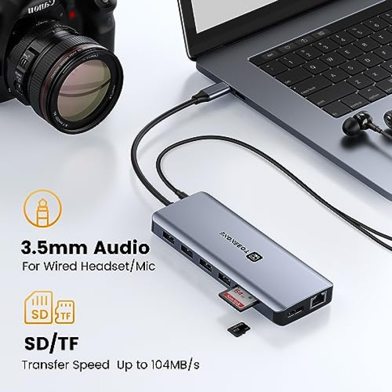 USB C 도킹 스테이션 듀얼 HDMI 모니터, TOBENONE 트리플 디스플레이 USB C 허브 HDMI 2개, DisplayPort, PD3.0, 5USB, RJ45, SD/TF, 오디오, USB C 도크 호환 다중 어댑터 Dell HP Lenovo Asus 노트북