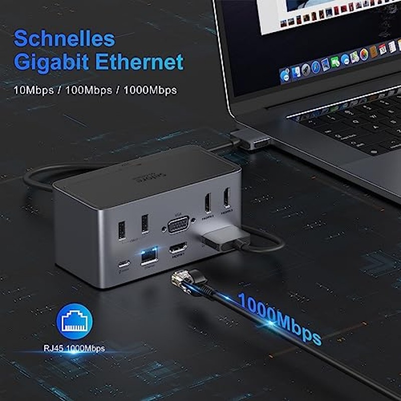 USB C 도킹 스테이션, MacBook Pro Air, Dell XPS 13, HP x360 및 기타 Type-C 노트북용 4K HDMI+SSD 인클로저+VGA 디스플레이+이더넷+4 USB,+SD를 갖춘 18인치 4중 디스플레이 도킹 스테이션