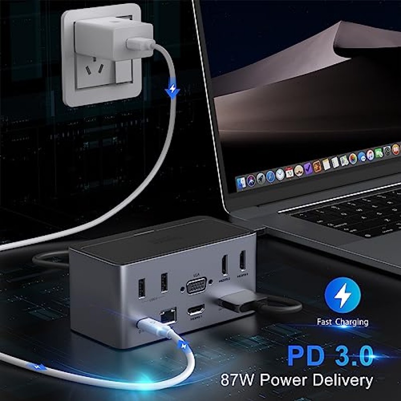 USB C 도킹 스테이션, MacBook Pro Air, Dell XPS 13, HP x360 및 기타 Type-C 노트북용 4K HDMI+SSD 인클로저+VGA 디스플레이+이더넷+4 USB,+SD를 갖춘 18인치 4중 디스플레이 도킹 스테이션