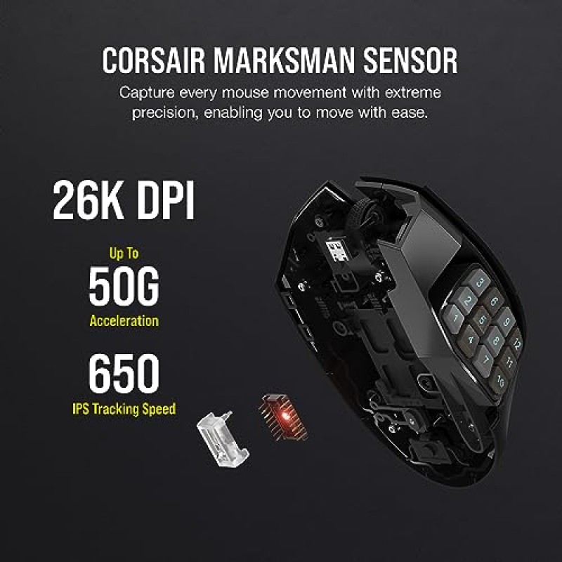 CORSAIR SCIMITAR ELITE RGB WIRELESS MMO 게이밍 마우스 - 26,000 DPI - 프로그래밍 가능 버튼 16개 - 최대 150시간 배터리 - iCUE 호환 - 블랙