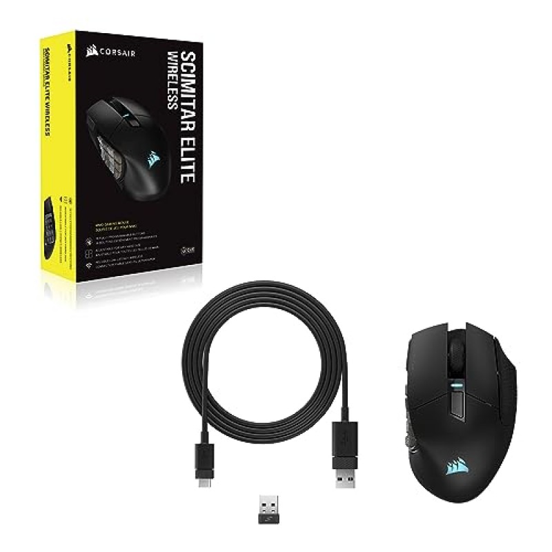 CORSAIR SCIMITAR ELITE RGB WIRELESS MMO 게이밍 마우스 - 26,000 DPI - 프로그래밍 가능 버튼 16개 - 최대 150시간 배터리 - iCUE 호환 - 블랙