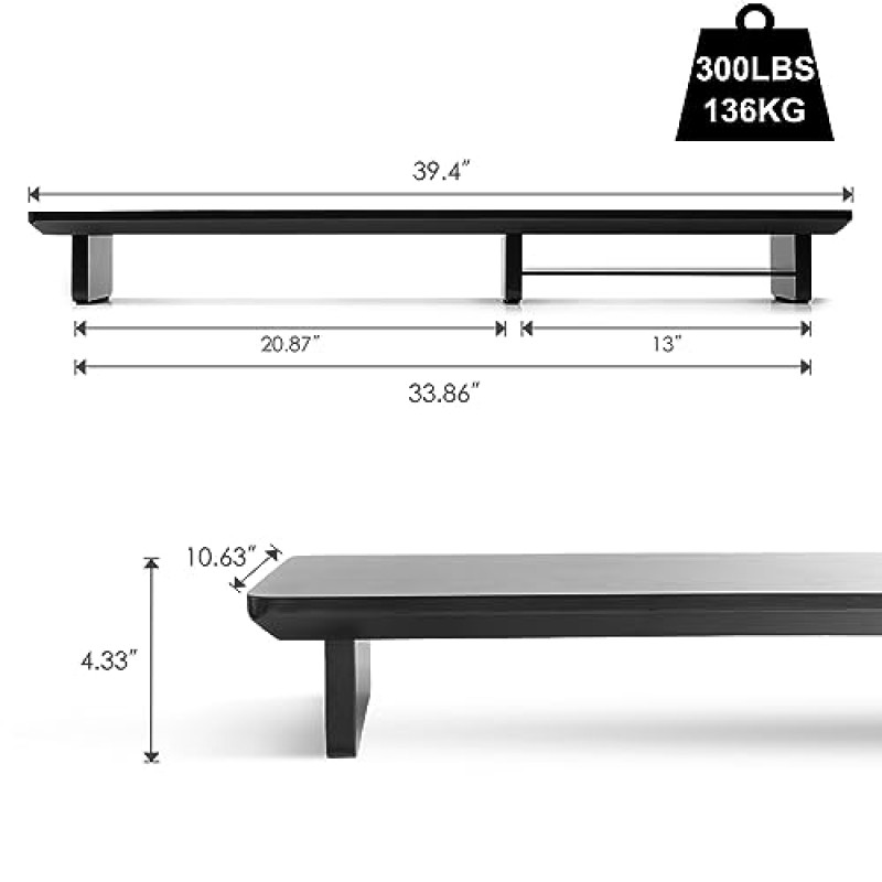대형 듀얼 모니터 스탠드 라이저, 모니터 2개용 대나무 책상 선반, 액세서리용 정리 보관함을 갖춘 책상용 듀얼 모니터 라이저, PC 지원, 프린터, 최대 130lbs의 무거운 TV 라이저, 검정색