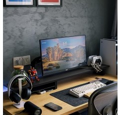 대형 듀얼 모니터 스탠드 라이저, 모니터 2개용 대나무 책상 선반, 액세서리용 정리 보관함을 갖춘 책상용 듀얼 모니터 라이저, PC 지원, 프린터, 최대 130lbs의 무거운 TV 라이저, 검정색