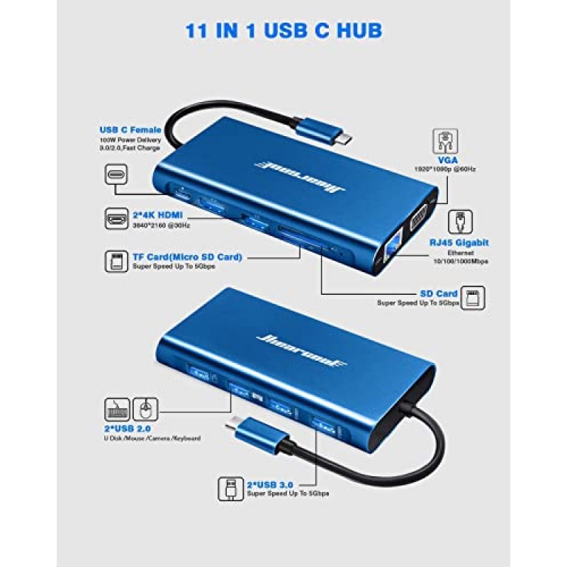 Hiearcool 도킹 스테이션, USB C 노트북 도킹 스테이션 듀얼 모니터, 11 in 1 USB C-듀얼 HDMI 멀티 포트 어댑터 Dell HP Lenovo 노트북용 멀티 모니터 도킹 스테이션