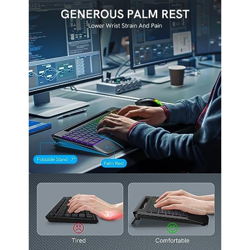 9가지 색상 백라이트, 손목 받침대, 지글러 마우스를 갖춘 Trueque 무선 키보드 및 마우스, Windows, Mac, PC, 노트북용 휴대폰 홀더가 포함된 충전식 무소음 인체공학적 라이트업 키보드 마우스 콤보
