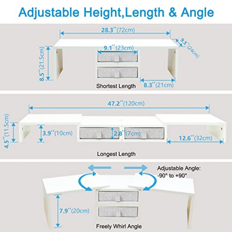 TEAMIX 듀얼 모니터 스탠드 라이저(서랍 2개) - 길이 및 각도 조절 가능 흰색 모니터 스탠드(수납 가능) 모니터 2대/노트북/PC, 목재 스크린/TV 스탠드용 대형 컴퓨터 라이저 데스크 정리함
