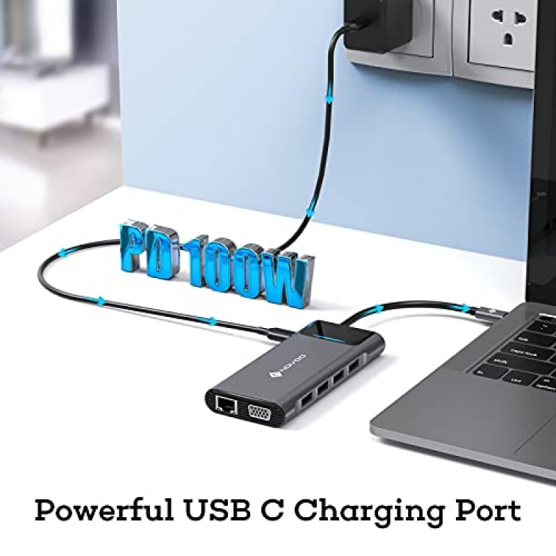 Dell/HP/Lenovo/Surface 노트북용 USB C 도킹 스테이션 듀얼 모니터, 트리플 디스플레이 USB C 허브 다중 어댑터, USB C 동글(HDMI 4K+VGA+4 USB 포트+100W PD 충전기+이더넷+SD/TF+오디오 NOVOO 포함)