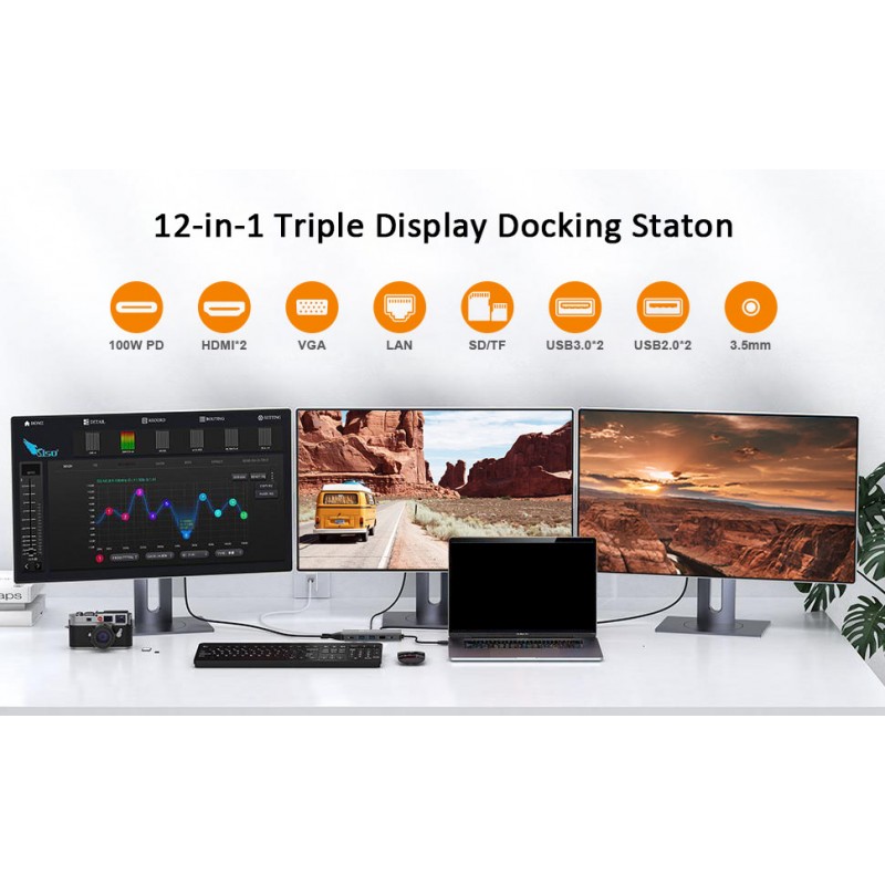 Dell/HP/Lenovo/Surface 노트북용 USB C 도킹 스테이션 듀얼 모니터, 트리플 디스플레이 USB C 허브 다중 어댑터, USB C 동글(HDMI 4K+VGA+4 USB 포트+100W PD 충전기+이더넷+SD/TF+오디오 NOVOO 포함)