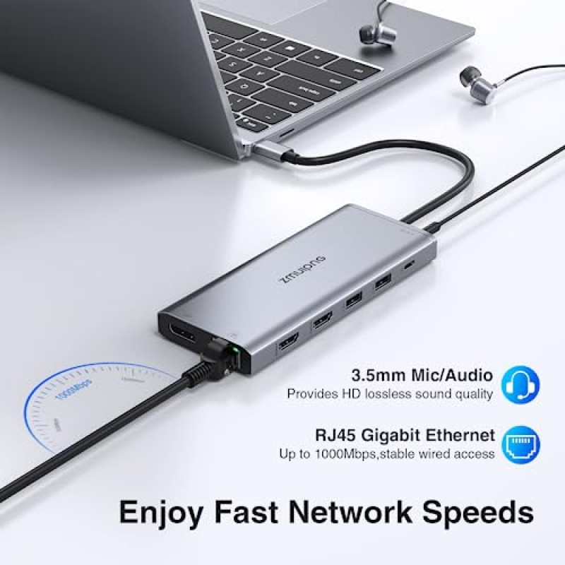 Dell HP Lenovo Surface용 USB C 노트북 도킹 스테이션 듀얼 모니터, 14 in 1 USB C - HDMI 어댑터 다중 허브 트리플 모니터 유형 C 동글(4K HDMI 디스플레이 포트 포함) USB 3.0 100W PD 이더넷 SD/TF