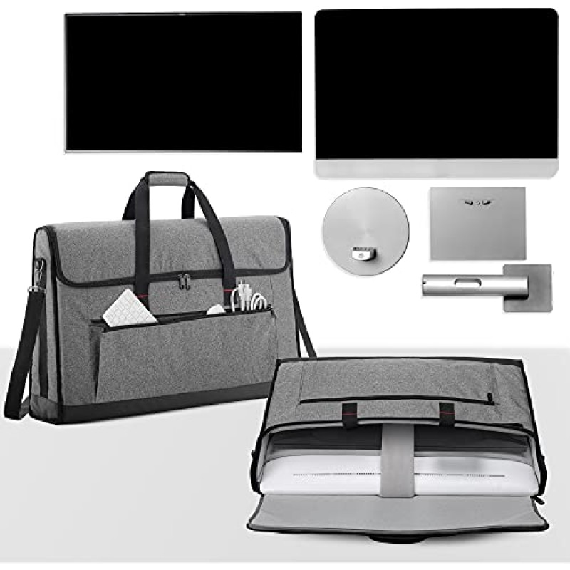 Trunab 모니터 운반 케이스 24-27인치 패딩 처리된 여행용 가방 최대 2개의 LCD 화면/TV 수용 가능, iMac 또는 올인원 컴퓨터와 호환되지 않음, 액세서리 포켓 포함, 어깨 끈, PU 바닥, 회색