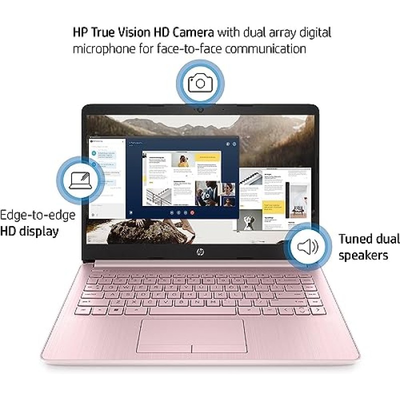 HP 최신 스트림 14인치 노트북, 인텔 셀러론 N4020 프로세서, 4GB RAM, 64GB eMMC, WiFi, 블루투스, HDMI, 웹캠, USB Type-A&C, Windows 11 S, GM 액세서리 - 핑크