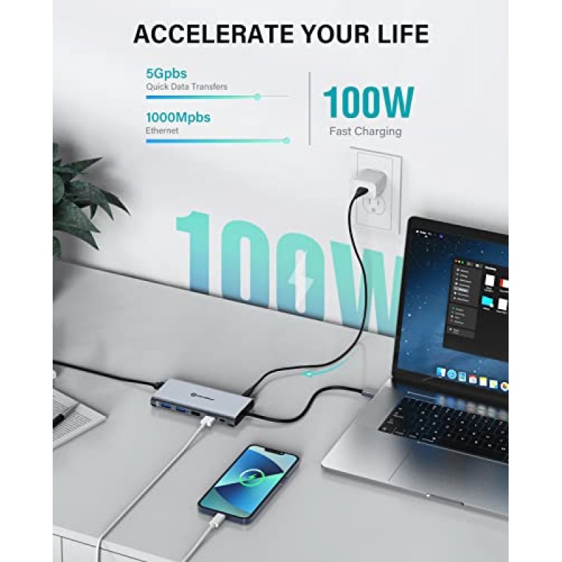 UtechSmart USB C 도킹 스테이션 트리플 모니터 - Thunderbolt 3/4용 범용 노트북 도킹 스테이션 12 in 1, MacBook Pro/Air/M1/M2 및 Windows용 USB 3.0 및 4K HDMI가 포함된 USB C Dock