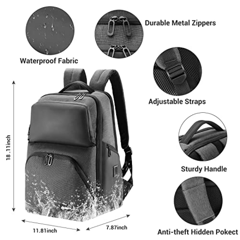 남성용 VPBAGE 노트북 백팩 비즈니스 여행 백팩 USB 충전 포트가 있는 17.3인치 컴퓨터에 적합 데이팩, 방수 및 도난 방지 백팩 휴대 비즈니스 백팩