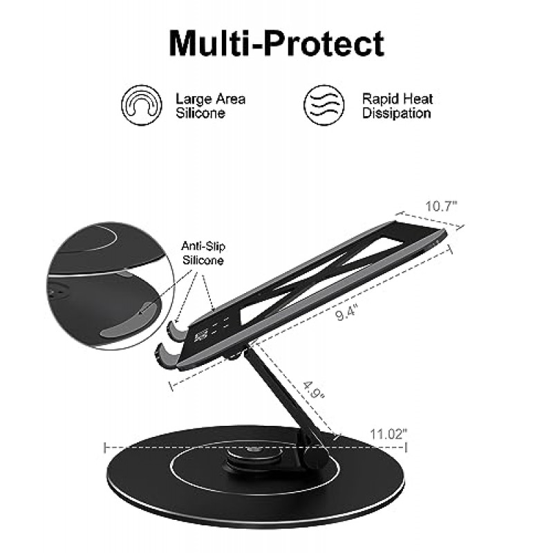 LOXP 책상용 매우 안정적인 회전 노트북 스탠드: 검정색 300% 더 큰 기본 안정성 군용 알루미늄 풀림 방지 구조 - 높이 조절이 가능한 노트북 스탠드 10-17.3인치에 적합