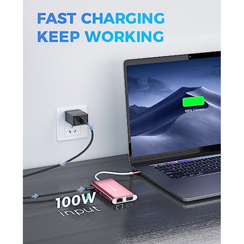 도킹 스테이션, UtechSmart 도킹 스테이션 듀얼 모니터 트리플 디스플레이 USB C 어댑터(HDMI 2개, VGA, PD 3.0 포트, SD TF 카드 리더기, USB 포트 4개 포함) MacBook, 기타 USBC 노트북과 호환되는 USB-C 도크