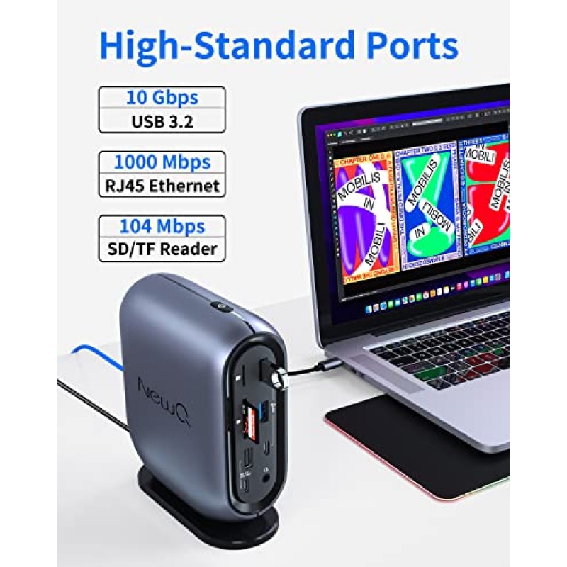 NewQ USB C 도킹 스테이션: 150W 어댑터가 포함된 16포트 USB-C 노트북 도크, MST/SST 스위치, HDMI 2개, DP, USB-A 4개, USB-C, 오디오 2개, 이더넷, SD/TF 슬롯, PDOUT 2개 맥북/HP/Dell/Acer/Lenovo/ASUS 등