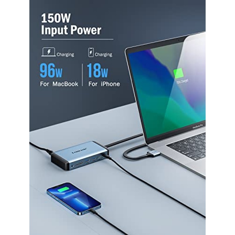 Lemorele MacBook Pro Air 도킹 스테이션(150W 전원 어댑터 포함), 12인치 2 USB C 노트북 도킹 스테이션 2 HDMI 4K@60Hz, 18W PD 3.0 5Gbps, USB-C 3.0 및 4 USB 3.0, RJ45 이더넷 SD/TF 오디오