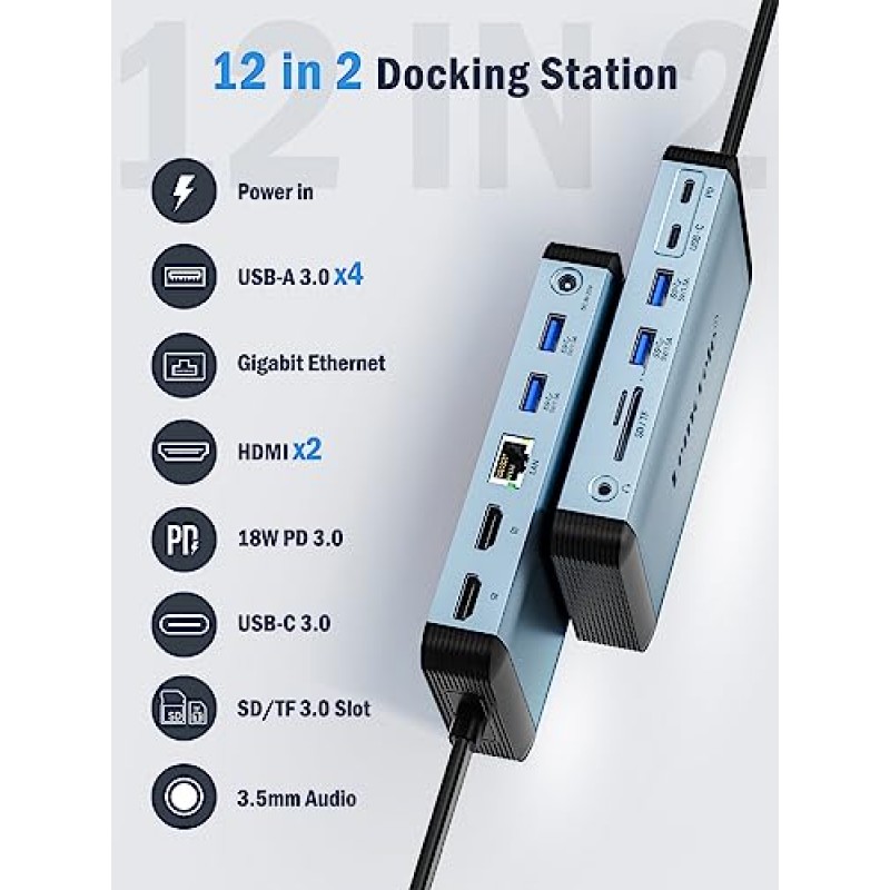 Lemorele MacBook Pro Air 도킹 스테이션(150W 전원 어댑터 포함), 12인치 2 USB C 노트북 도킹 스테이션 2 HDMI 4K@60Hz, 18W PD 3.0 5Gbps, USB-C 3.0 및 4 USB 3.0, RJ45 이더넷 SD/TF 오디오