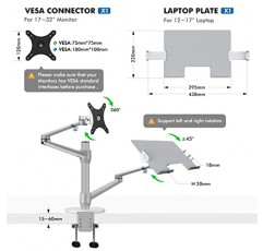 Viozon 모니터 및 노트북 마운트, 2-in-1 조정 가능한 듀얼 암 데스크 마운트 17~32인치 LCD 컴퓨터 화면용 싱글 데스크 암 스탠드/홀더, 12~17인치 노트북에 맞는 추가 트레이(실버)