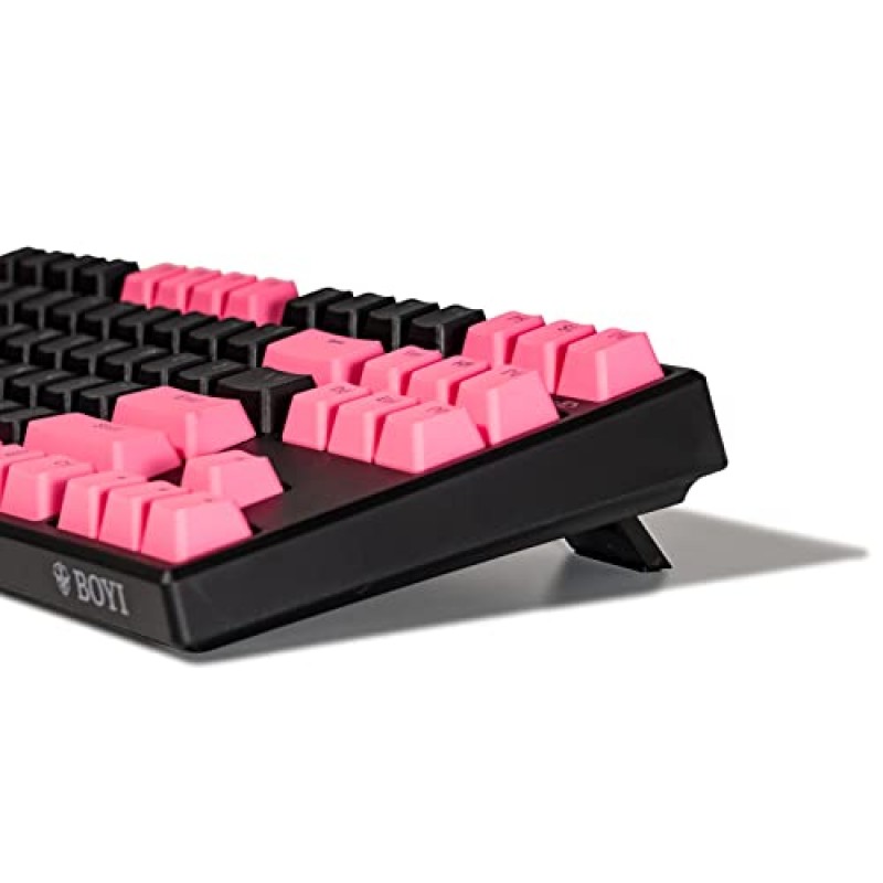 BOYI IK87 핫 스왑 가능 TKL RGB 트라이 모드 기계식 키보드, 87 키 PBT 키캡 BT5.0/2.4GHz/Mac/Win/게이머용 프로그래밍 가능한 소프트웨어가 포함된 유선 NKRO 게이밍 키보드(핑크 및 블랙 색상)