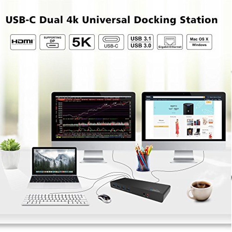 USB 3.0 범용 도킹 스테이션, WAVLINK DL6950 유형 C - 단일 5K 듀얼 4K 디스플레이 도크(HDMI 2개/디스플레이 포트 2개/기가비트 이더넷/데스크탑 노트북용 USB 3.0 6개 포함), 충전 지원 안 함