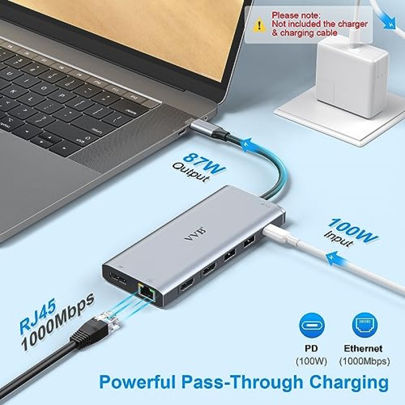 USB C 노트북 도킹 스테이션 Dell/Lenovo/HP 노트북용 듀얼 모니터 HDMI 14 in 1 USB C 허브 멀티포트 어댑터 동글 도크 USB C to 2 HDMI 4K+디스플레이포트+이더넷+4USB+2USB C+100W PD 충전기+SD/TF+오디오