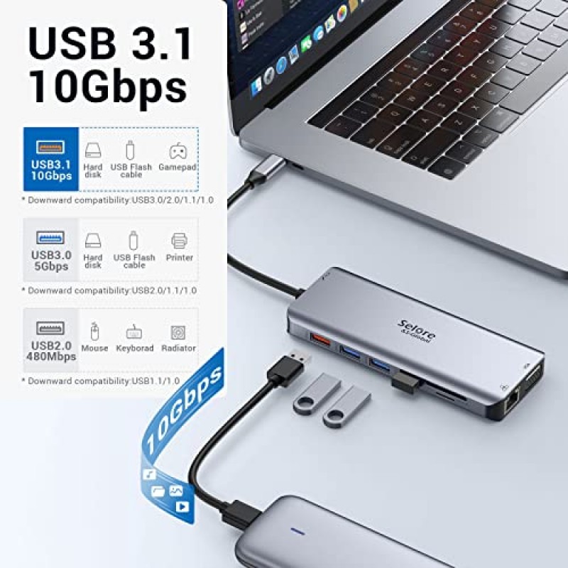 USB C 도킹 스테이션 듀얼 모니터, USB C 듀얼 모니터 2 HDMI 어댑터, 트리플 디스플레이 4K HDMI 및 VGA, 10Gbps 데이터 전송, 1-3USB3.0 및 2USB2.0에 14개, 기가비트 이더넷, 100W PD, SD/TF 카드 리더기, 3.5mm 오디오