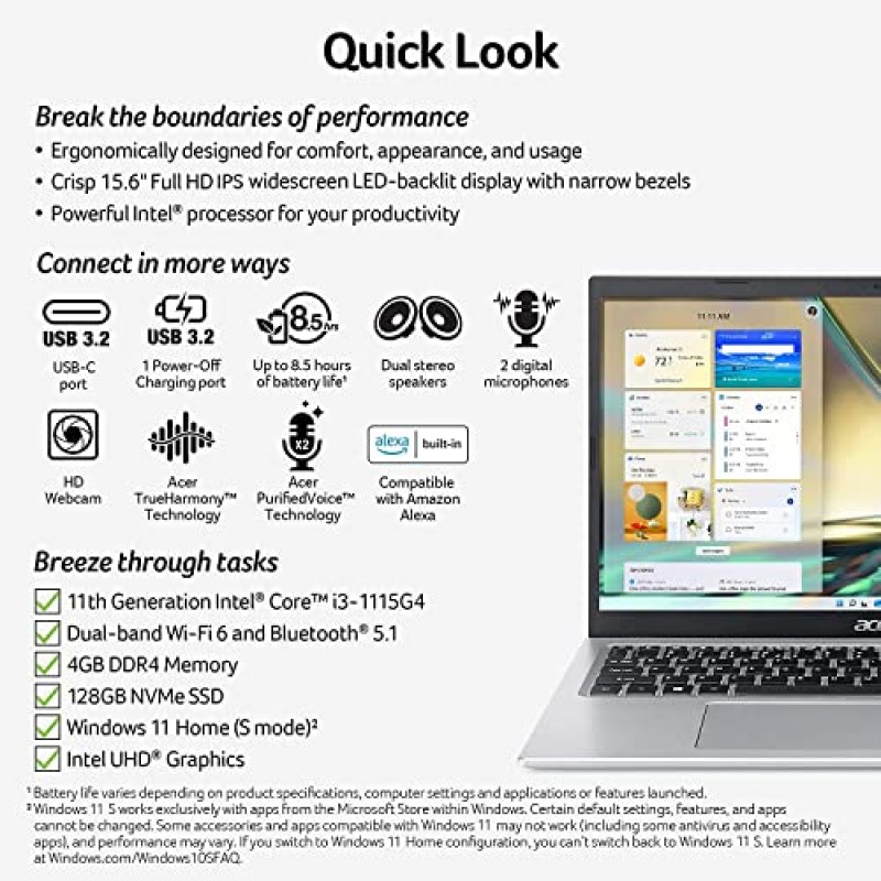 acer Aspire 5 슬림 노트북 2023, 15.6인치 FHD IPS 디스플레이, 16GB RAM, 512GB PCIe SSD, Intel Core i3 프로세서, 11시간 배터리 수명, Wi-Fi 6, HDMI, Type-A&C, RJ-45, 웹캠, Windows 11, w /3in1 액세서리