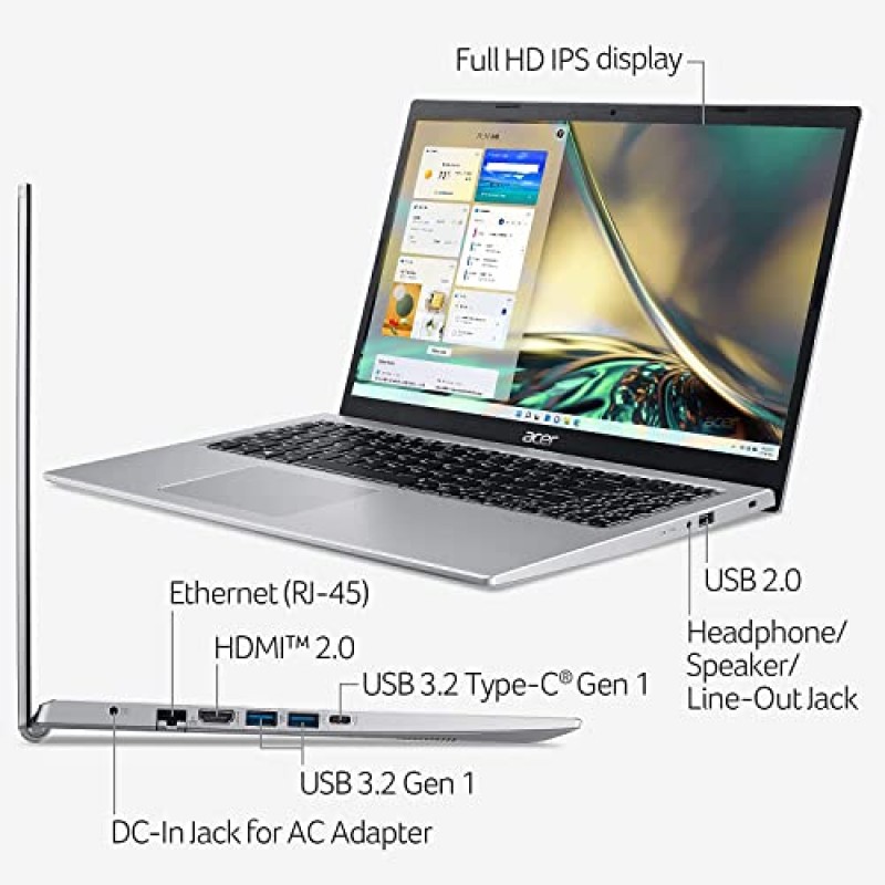 acer Aspire 5 슬림 노트북 2023, 15.6인치 FHD IPS 디스플레이, 16GB RAM, 512GB PCIe SSD, Intel Core i3 프로세서, 11시간 배터리 수명, Wi-Fi 6, HDMI, Type-A&C, RJ-45, 웹캠, Windows 11, w /3in1 액세서리