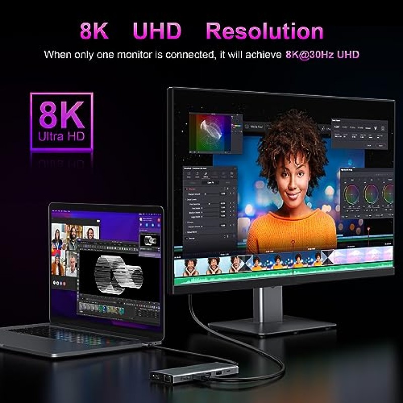 Dell/HP 노트북용 USB C 도킹 스테이션 듀얼 모니터, 4K 트리플 디스플레이 단일 8K@30Hz USB C 허브 다중 어댑터 14-in-1(HDMI+DP+USB3.1+4USB+USB C+이더넷+PD+SD/ 2개 포함) Lenovo/Surface용 TF+오디오