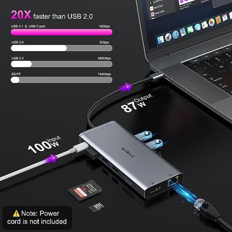 Dell/HP 노트북용 USB C 도킹 스테이션 듀얼 모니터, 4K 트리플 디스플레이 단일 8K@30Hz USB C 허브 다중 어댑터 14-in-1(HDMI+DP+USB3.1+4USB+USB C+이더넷+PD+SD/ 2개 포함) Lenovo/Surface용 TF+오디오