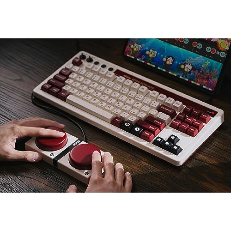 8BitDo 레트로 기계식 키보드, Bluetooth/2.4G/USB-C 핫스왑형 게이밍 키보드, 87개 키, Windows 및 Android용 듀얼 슈퍼 프로그래밍 가능 버튼 - Fami Edition