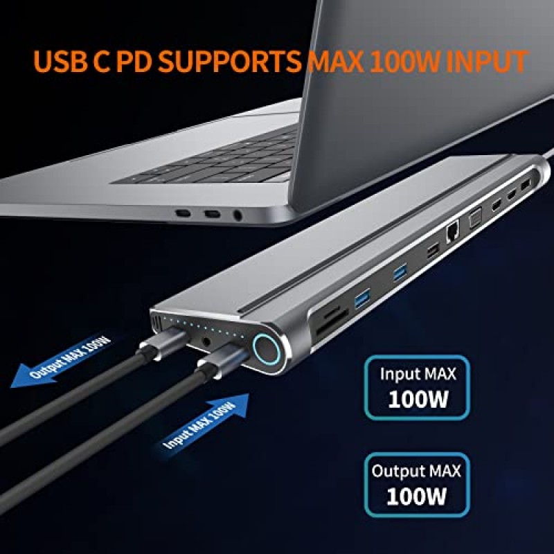 USB C 도킹 스테이션 듀얼 모니터, 듀얼 HDMI에 대한 USB C 도킹, 디스플레이포트, VGA, 이더넷, SD/TF 슬롯, 3.5mm 오디오, 전원 켜기/끄기 버튼, Dell/HP/Lenovo/MacBook pro USB C 노트북용 노트북 도크