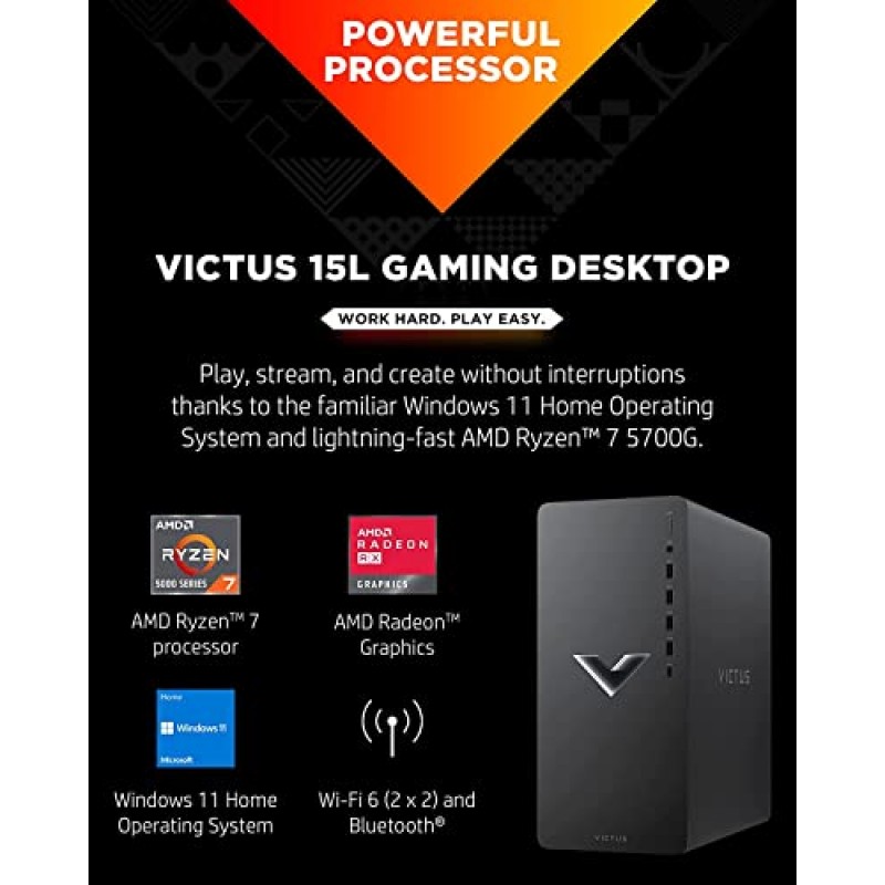 HP Victus 15L 게임용 데스크탑 컴퓨터 AMD Octa-Core Ryzen 7 5700G 프로세서(i7-10700 이상) 16GB RAM 1TB SSD AMD Radeon RX 6600XT 8GB 그래픽(>NVIDIA RTX 3060) USB-C DiplayPort Win11 + HDMI 케이블