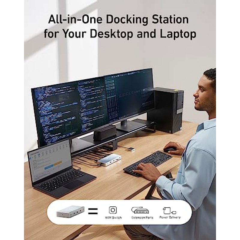 Anker 도킹 스테이션, 데스크탑 PC 및 노트북용 KVM 스위치, 듀얼 4K 모니터 553 USB C 도킹 스테이션, HDMI 및 DisplayPort 포함, Hp 노트북, MacBook, iPad, Steam Deck 등을 위한 USB 3.0 포트